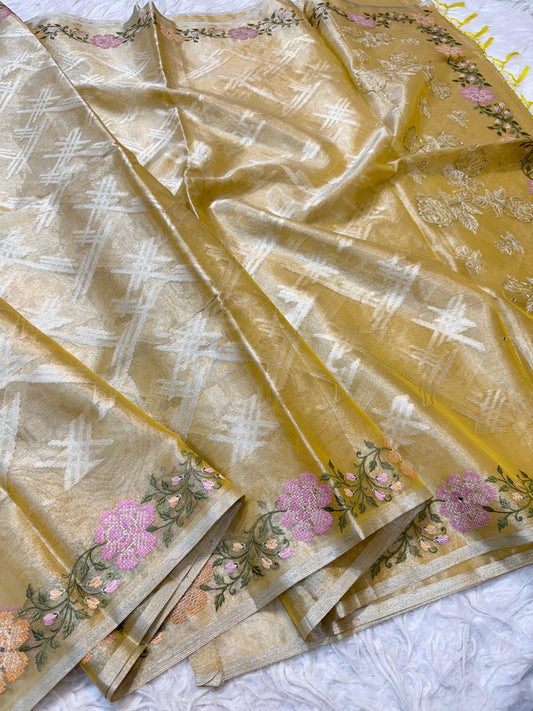 Gold Tissue Embroidery Handwork Premium Banarasi Saree