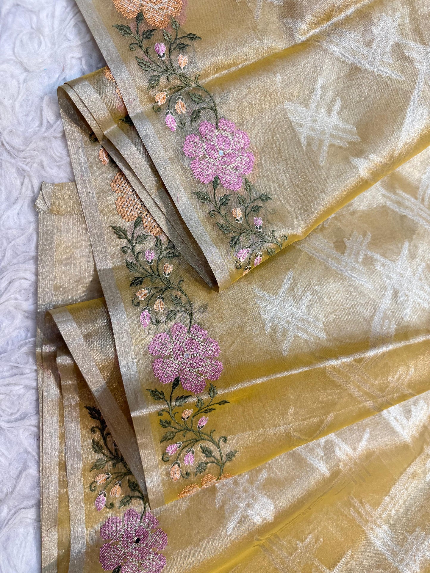 Gold Tissue Embroidery Handwork Premium Banarasi Saree