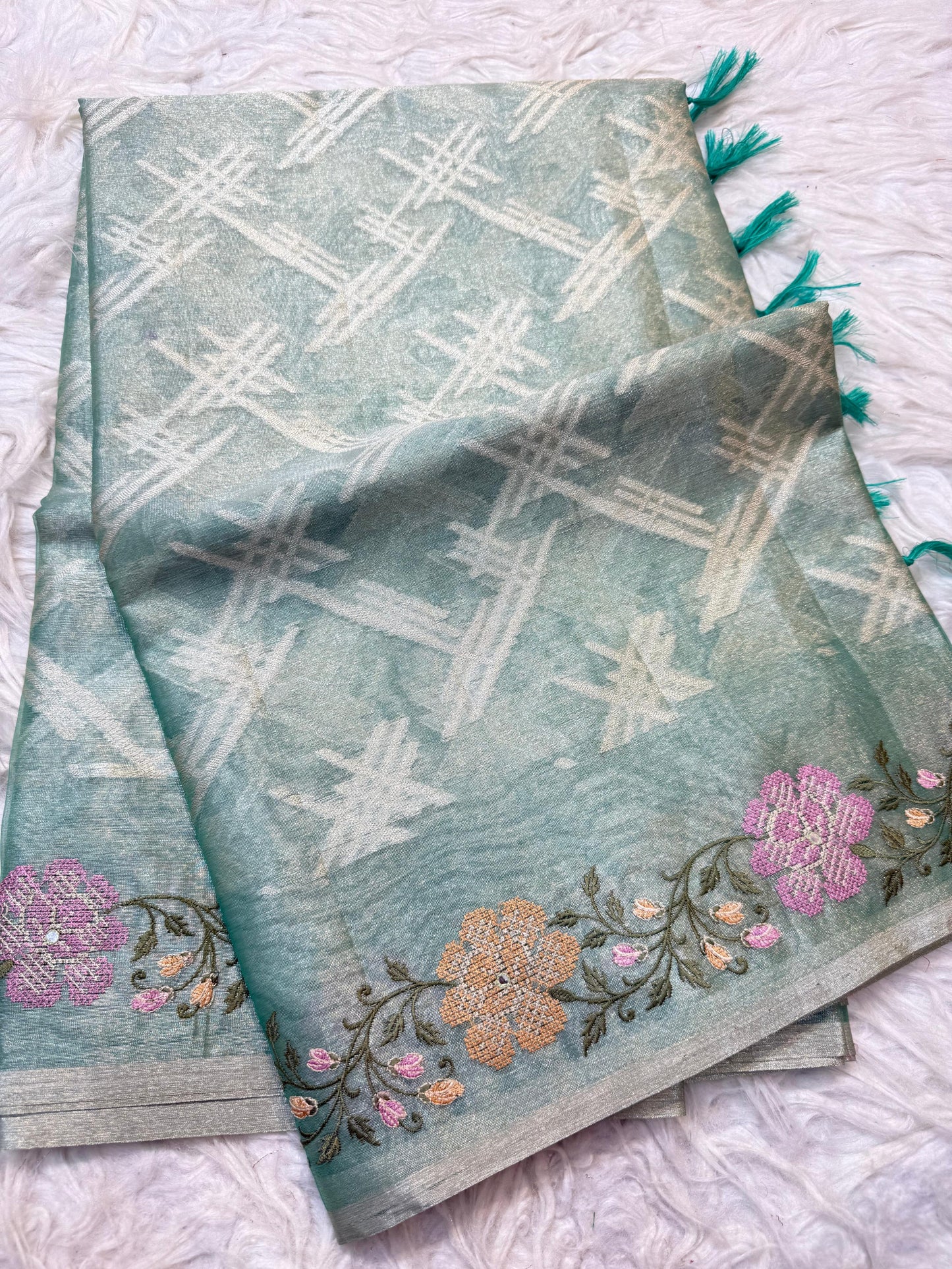 Sea Green Tissue Embroidery Handwork Premium Banarasi Saree