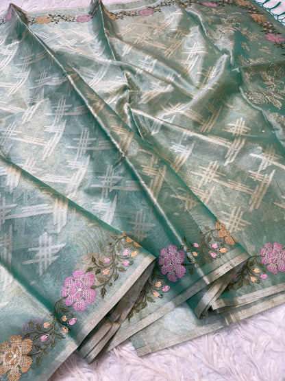 Sea Green Tissue Embroidery Handwork Premium Banarasi Saree