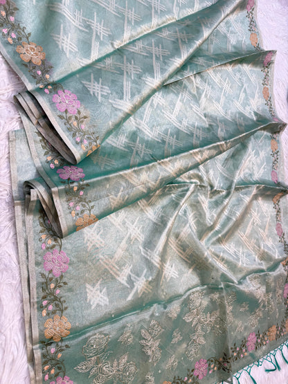 Sea Green Tissue Embroidery Handwork Premium Banarasi Saree