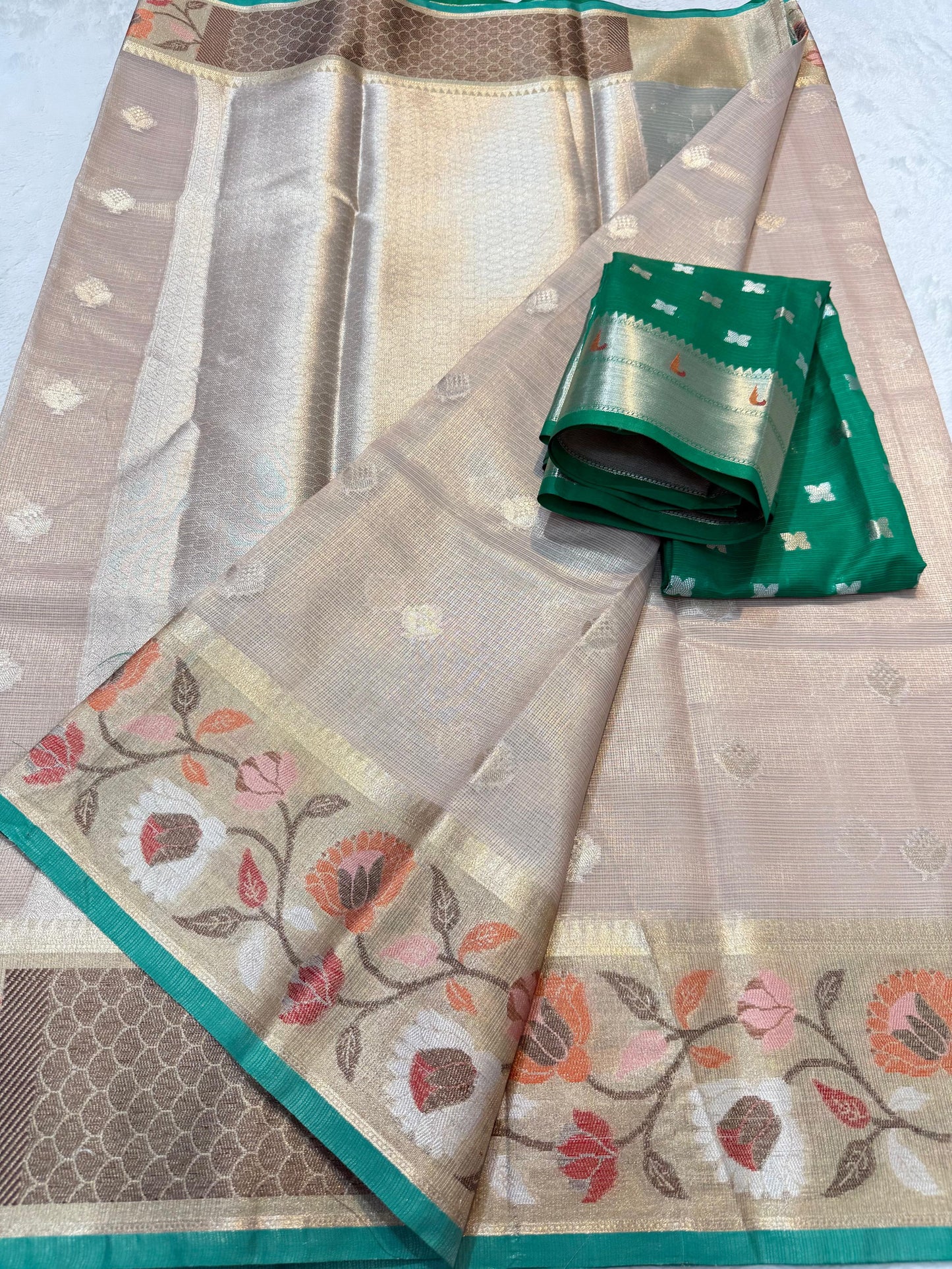 Beige Tissue Kota Paithani Border Premium Banarasi Saree