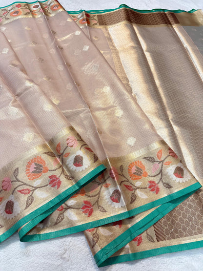 Beige Tissue Kota Paithani Border Premium Banarasi Saree
