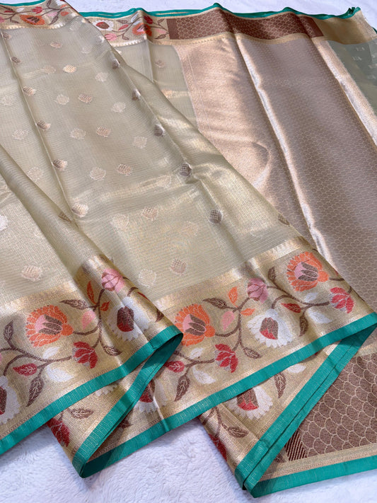 Pista Green Tissue Kota Paithani Border Premium Banarasi Saree