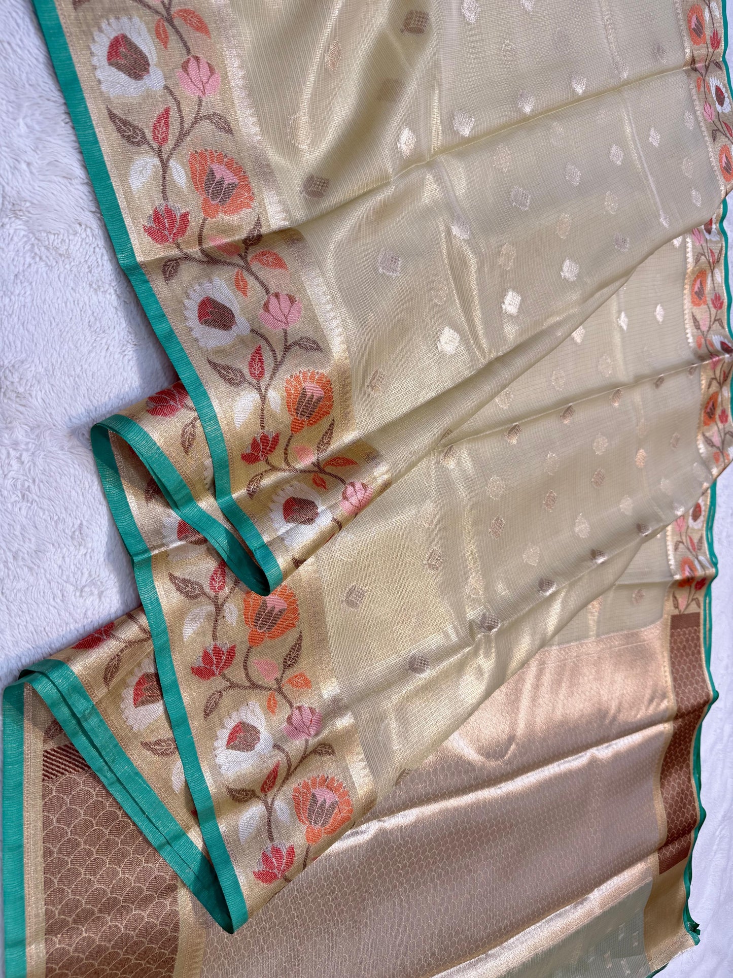 Pista Green Tissue Kota Paithani Border Premium Banarasi Saree