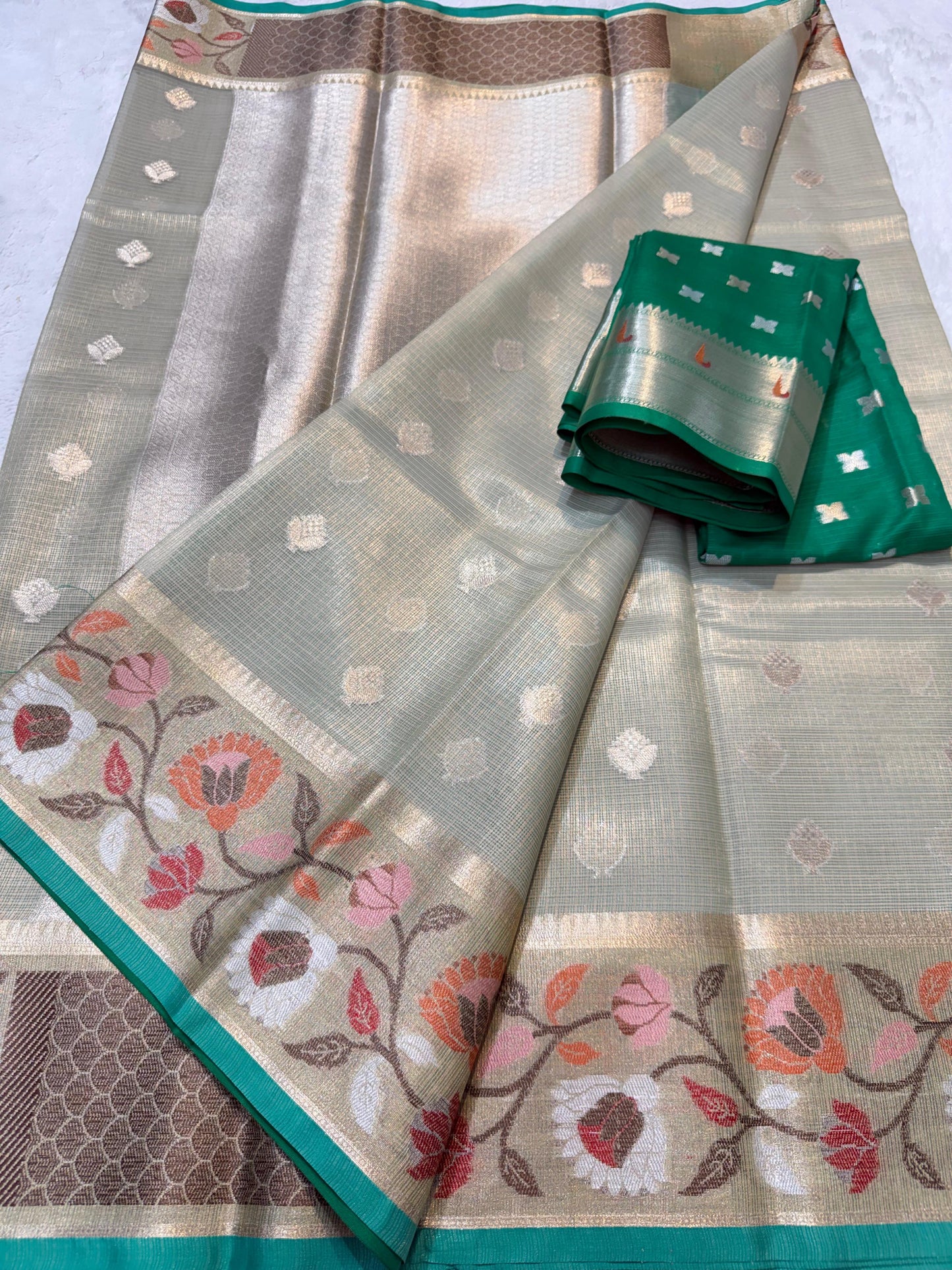 Sea Green Tissue Kota Paithani Border Premium Banarasi Saree