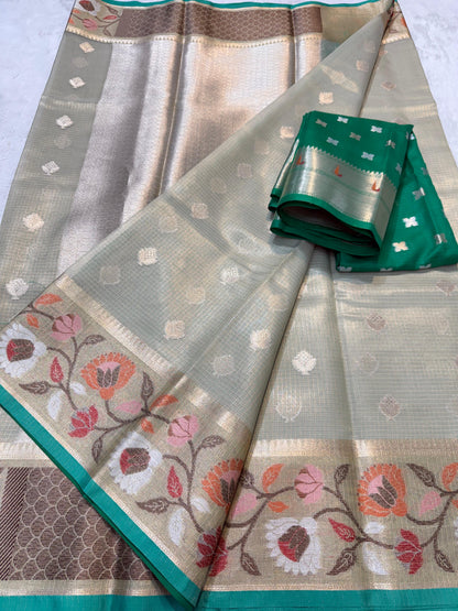 Sea Green Tissue Kota Paithani Border Premium Banarasi Saree