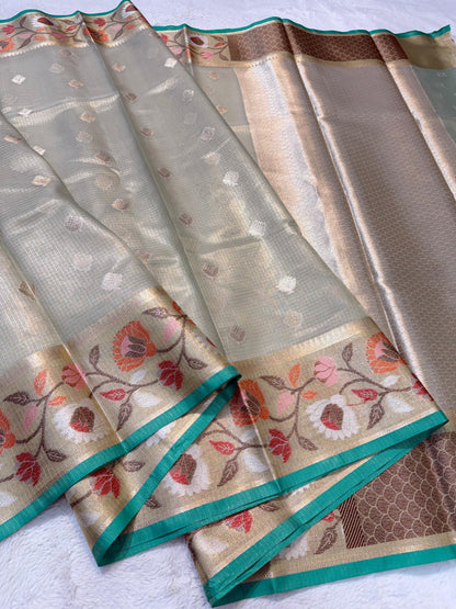 Sea Green Tissue Kota Paithani Border Premium Banarasi Saree