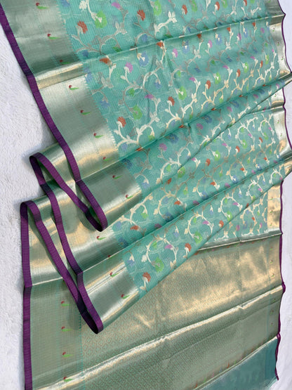 Sea Green Cotton Kota Paithani Border Premium Banarasi Saree