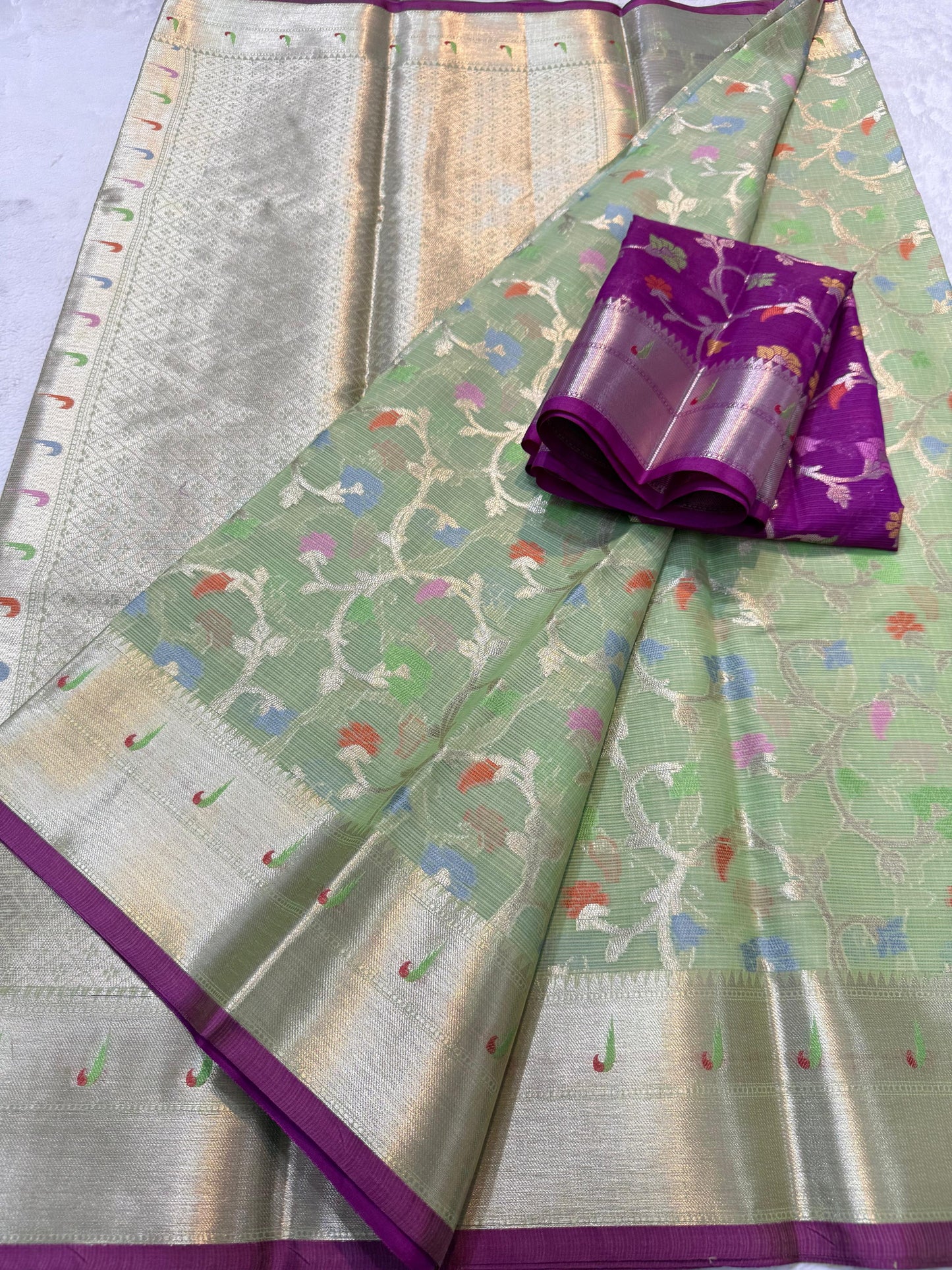 Pista Green  Cotton Kota Paithani Border Premium Banarasi Saree