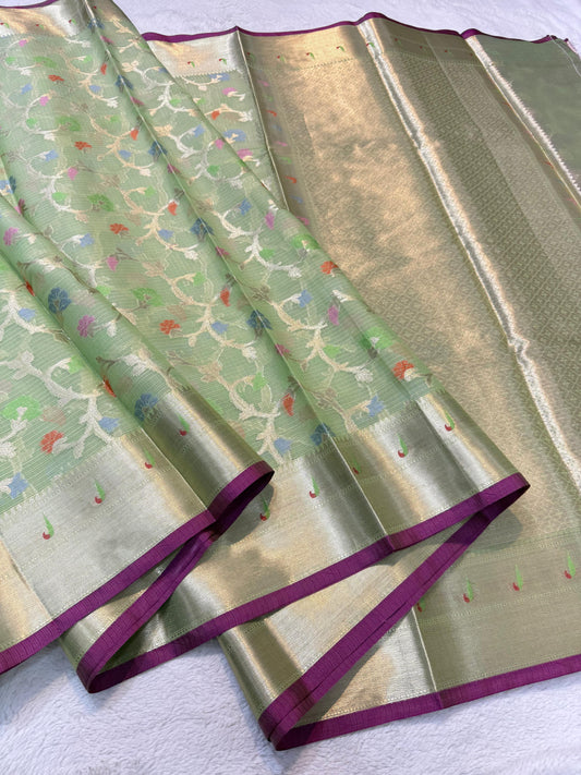 Pista Green  Cotton Kota Paithani Border Premium Banarasi Saree