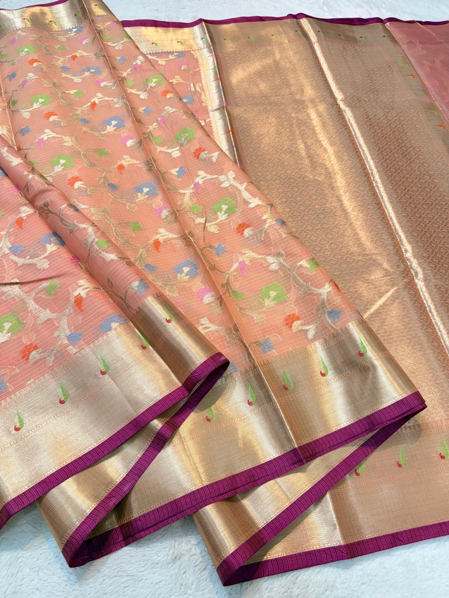 Peach Cotton Kota Paithani Border Premium Banarasi Saree