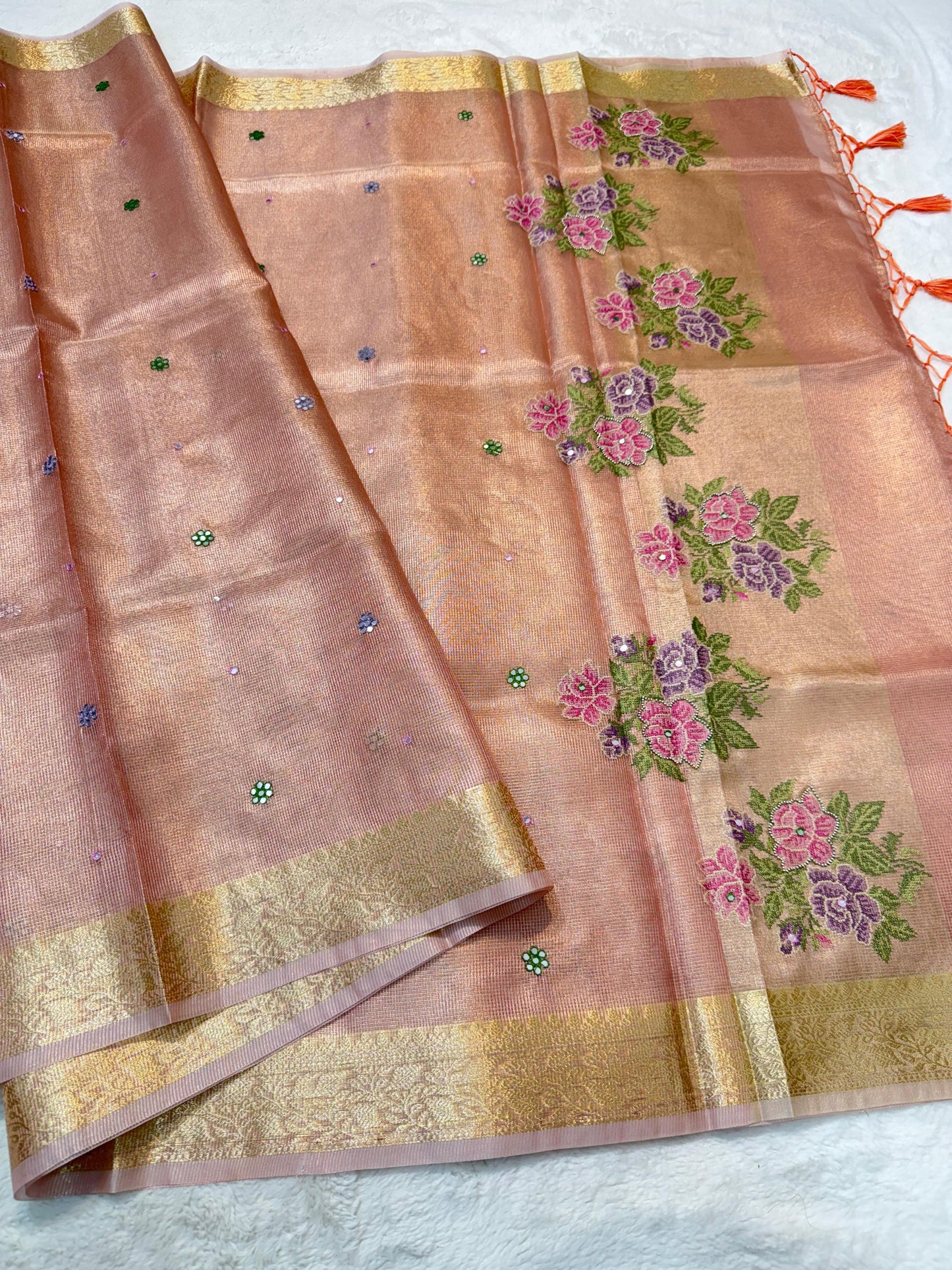 Pink Tissue Kota Embroidery Handwork Premium Banarasi