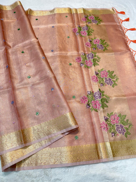 Pink Tissue Kota Embroidery Handwork Premium Banarasi