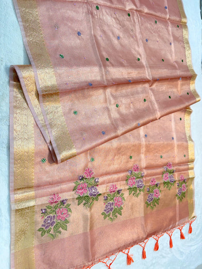 Pink Tissue Kota Embroidery Handwork Premium Banarasi