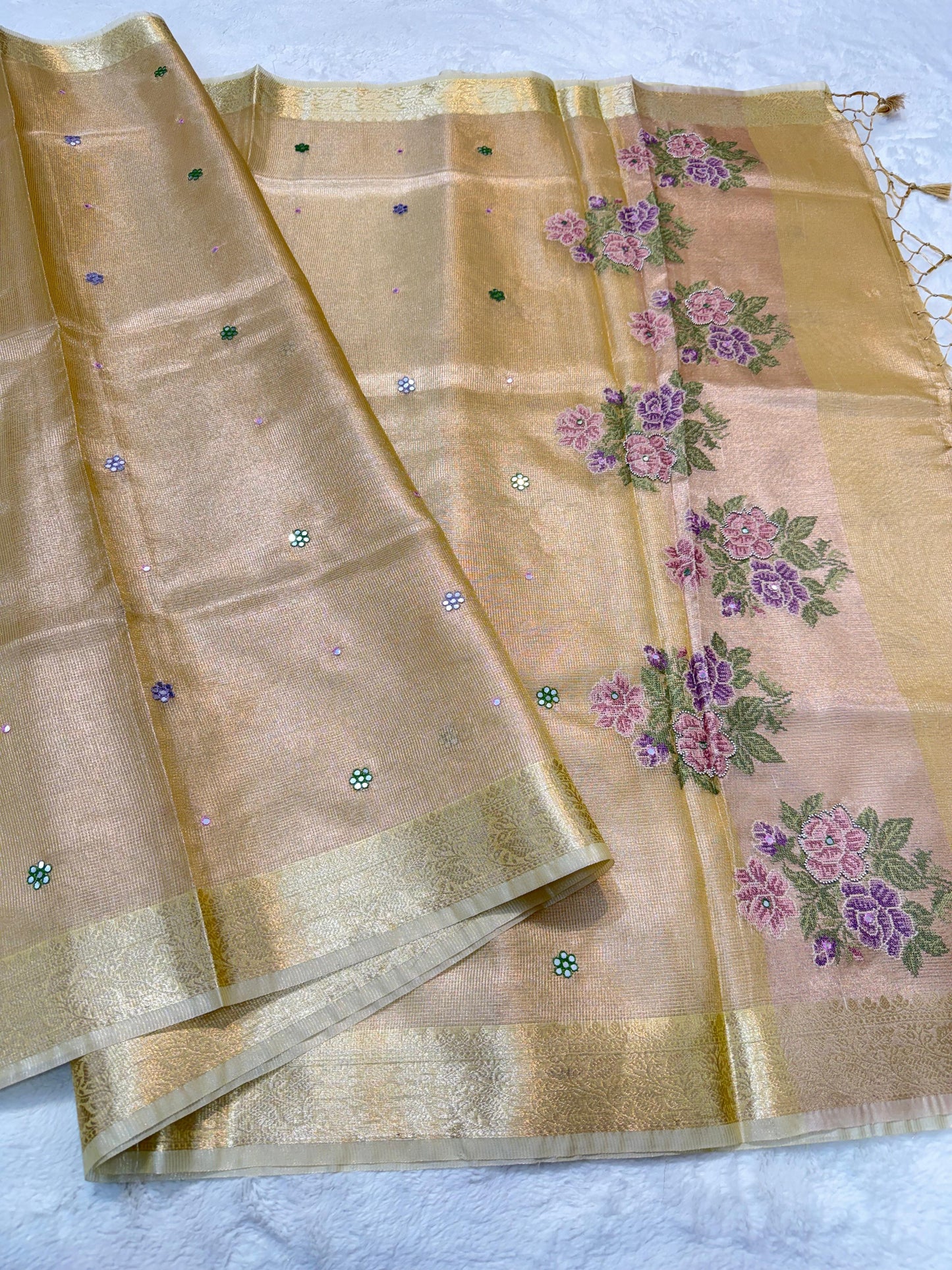 Light Slate Bule Tissue Kota Embroidery Handwork Premium Banarasi