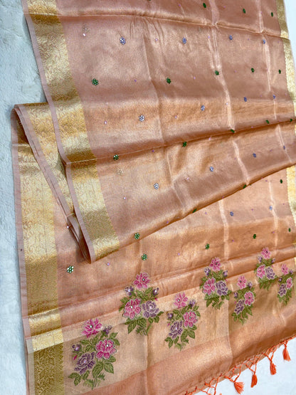 Peach Tissue Kota Embroidery Handwork Premium Banarasi