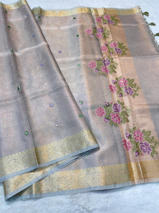 Gray Tissue Kota Embroidery Handwork Premium Banarasi