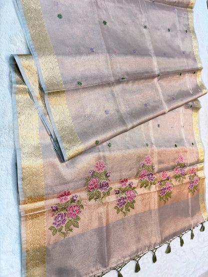Gray Tissue Kota Embroidery Handwork Premium Banarasi