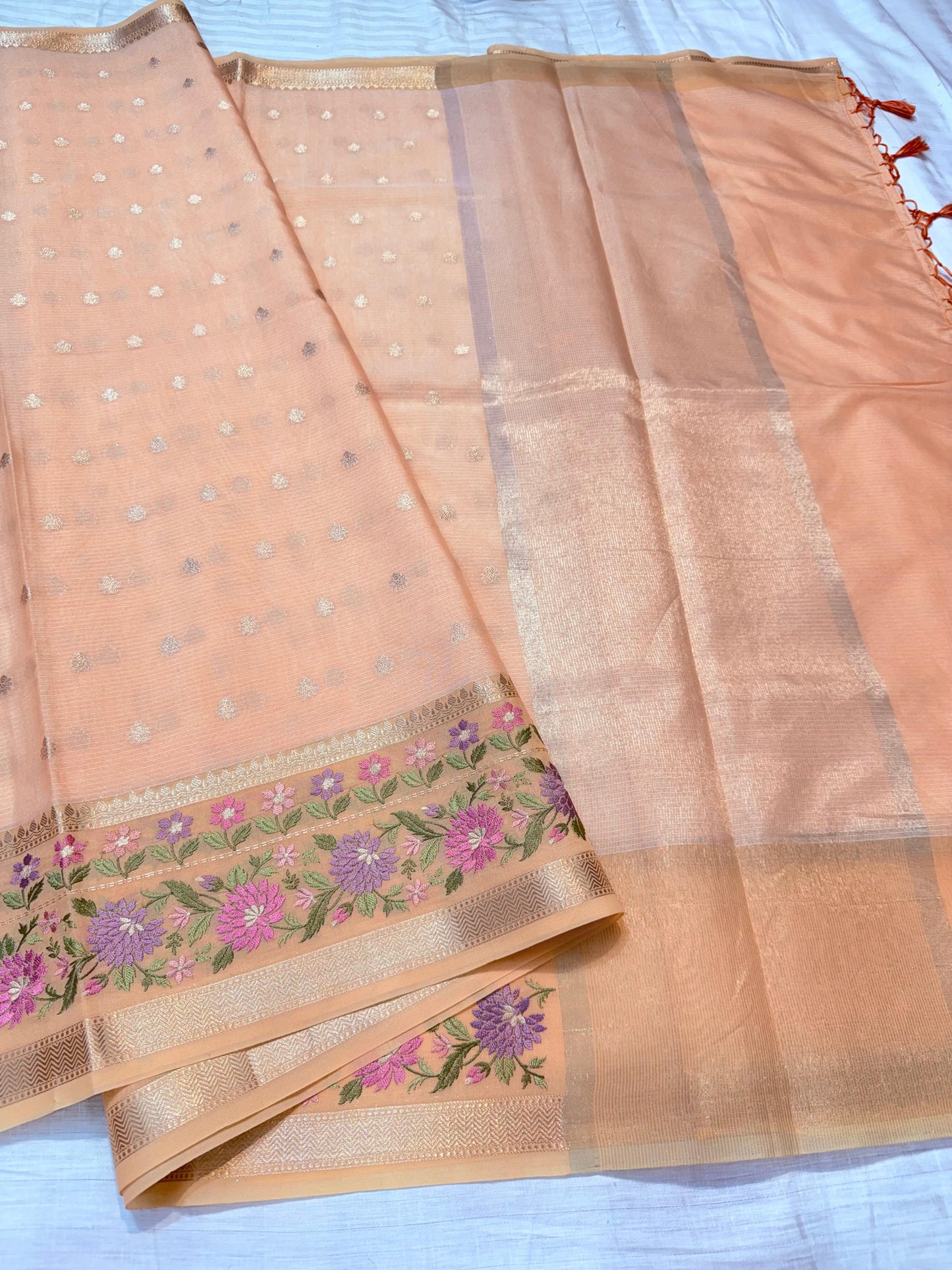 Peach Cotton Kota Designer Embroidery Premium Banarasi Saree