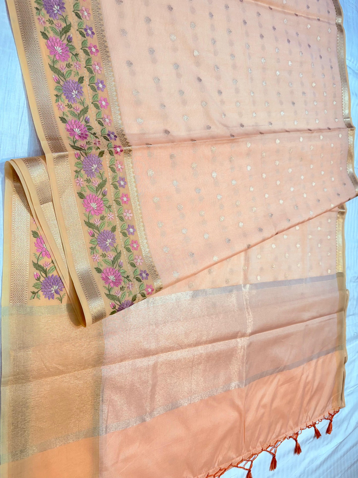 Peach Cotton Kota Designer Embroidery Premium Banarasi Saree