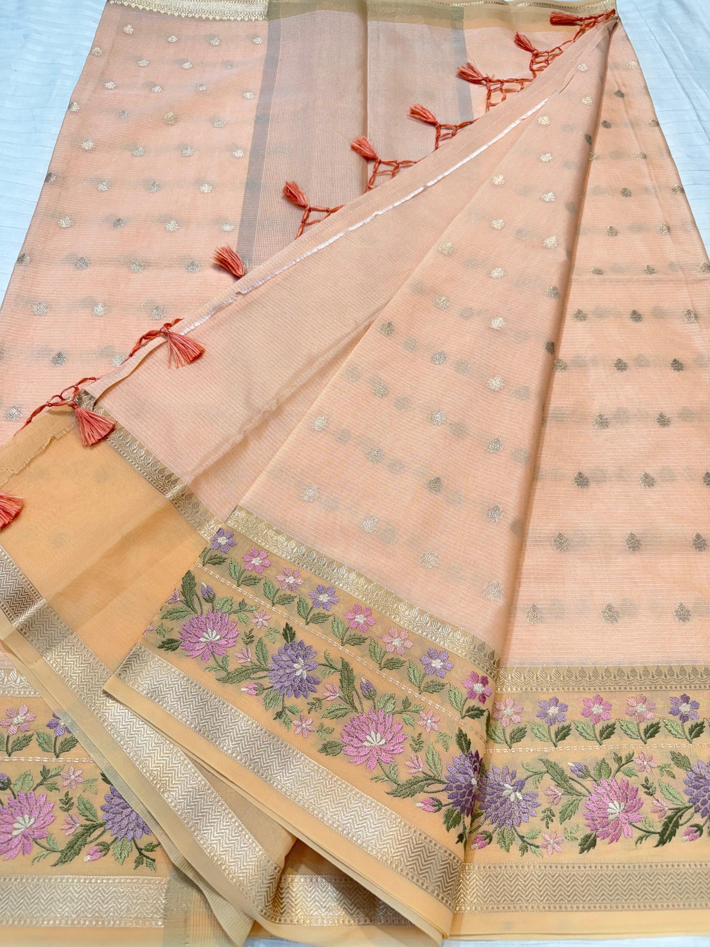 Peach Cotton Kota Designer Embroidery Premium Banarasi Saree