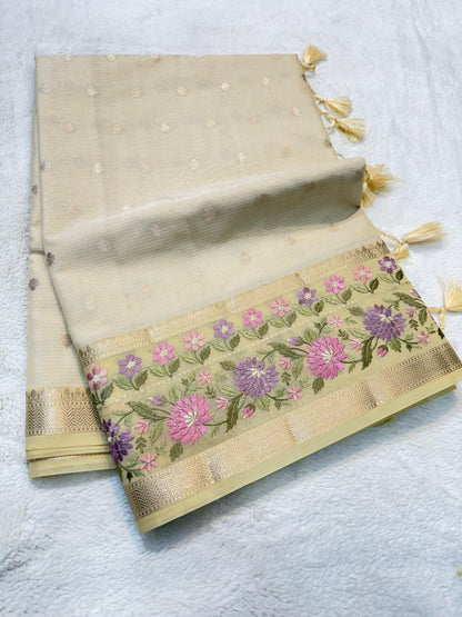 Pista Green Cotton Kota Designer Embroidery Premium Banarasi Saree