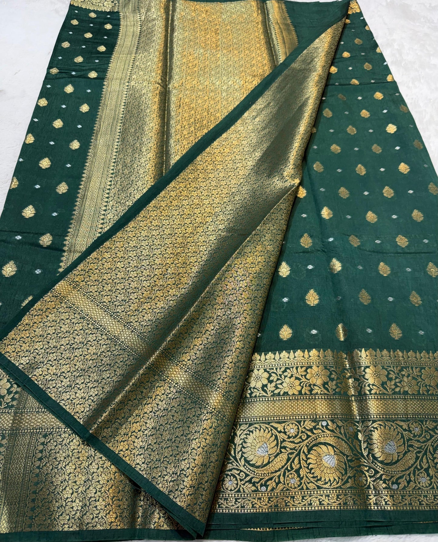 Bottle Green Raw Mango Premium Banarasi Saree