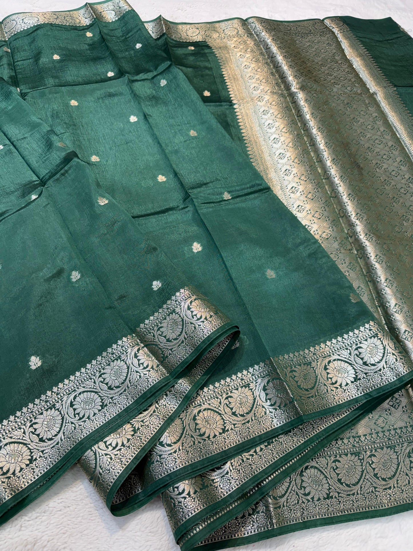 Bottle Green Raw Mango Premium Banarasi Saree