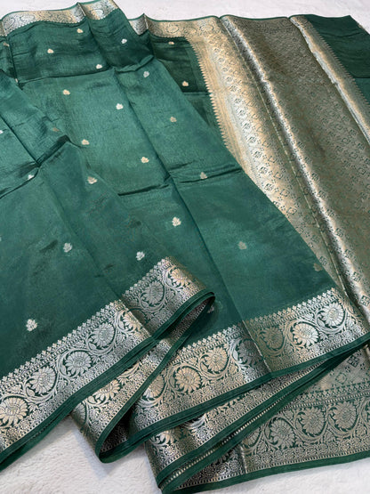 Bottle Green Raw Mango Premium Banarasi Saree