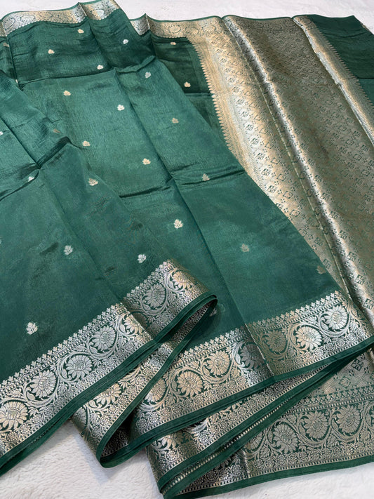 Bottle Green Raw Mango Premium Banarasi Saree