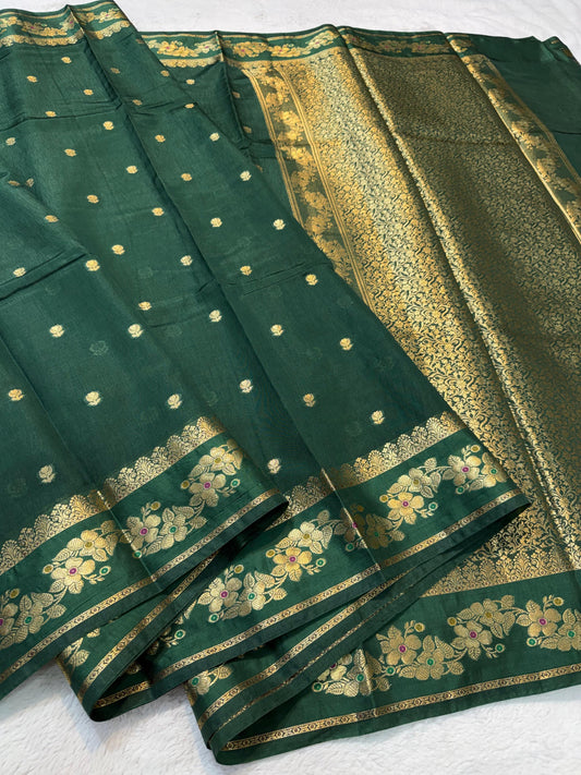 Bottle Green Raw Mango Premium Banarasi Saree
