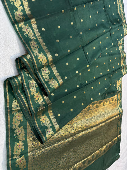Bottle Green Raw Mango Premium Banarasi Saree