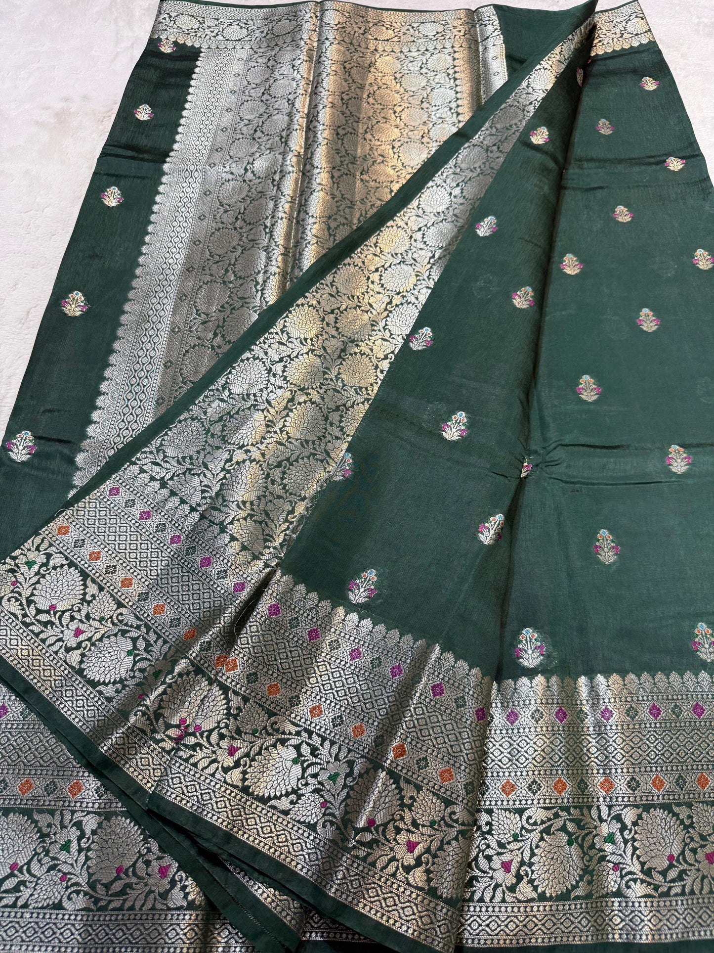 Bottle Green Raw Mango Premium Banarasi Saree