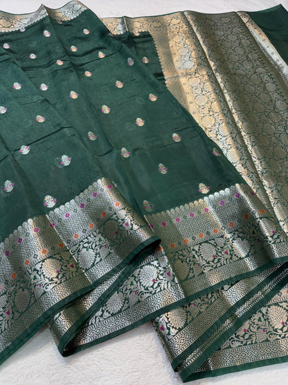 Bottle Green Raw Mango Premium Banarasi Saree