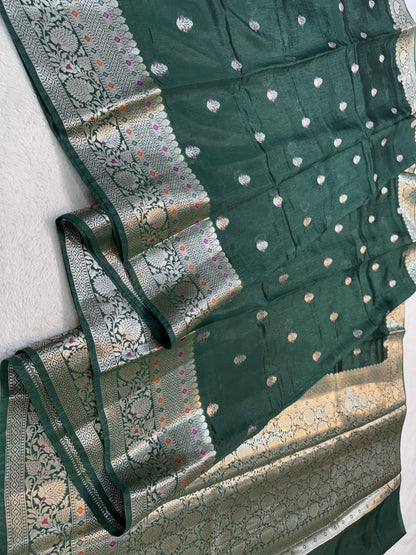Bottle Green Raw Mango Premium Banarasi Saree