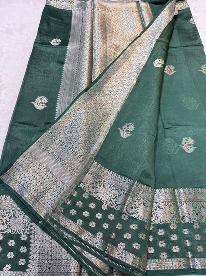 Bottle Green Raw Mango Premium Banarasi Saree