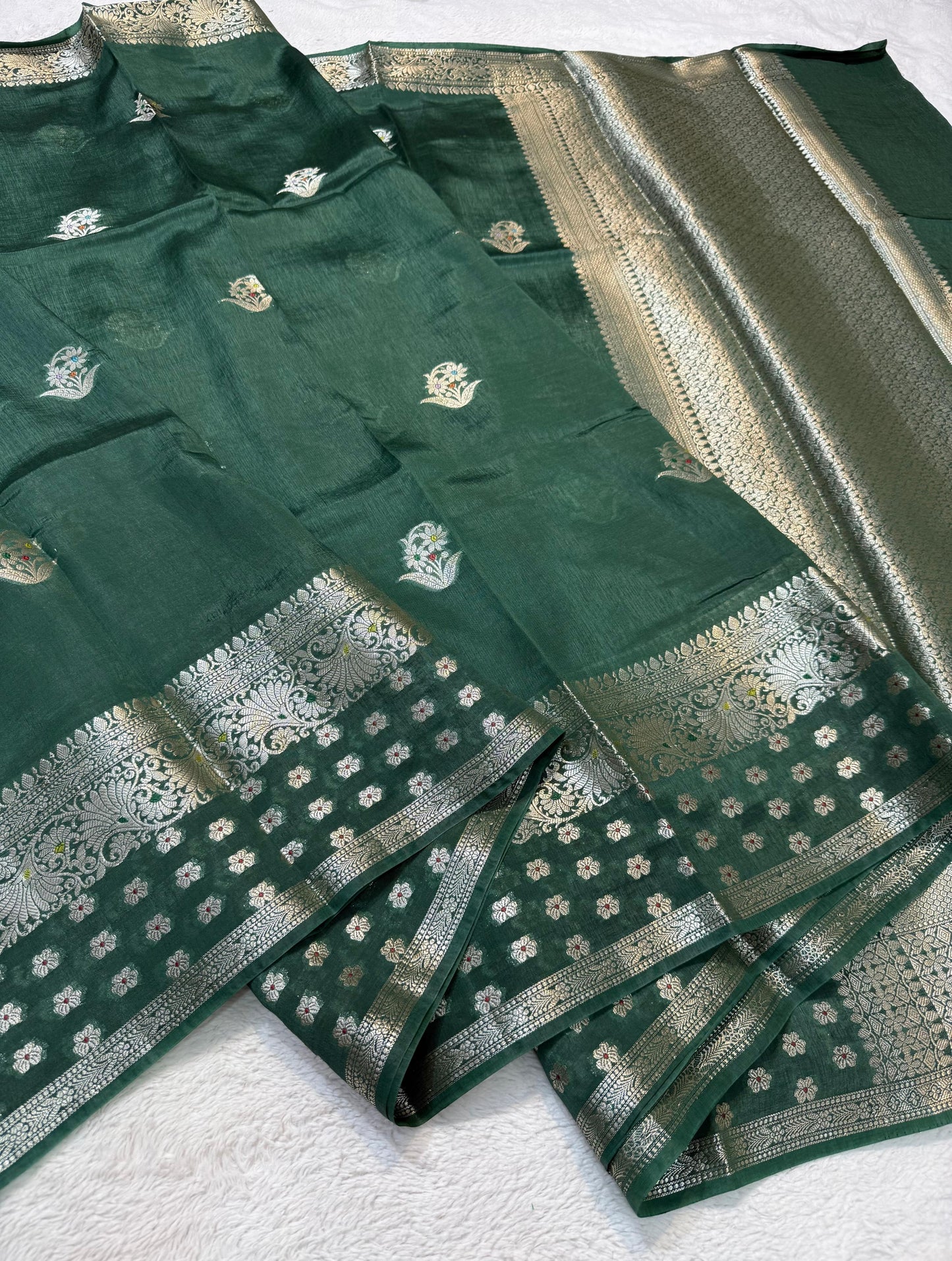 Bottle Green Raw Mango Premium Banarasi Saree