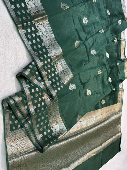 Bottle Green Raw Mango Premium Banarasi Saree