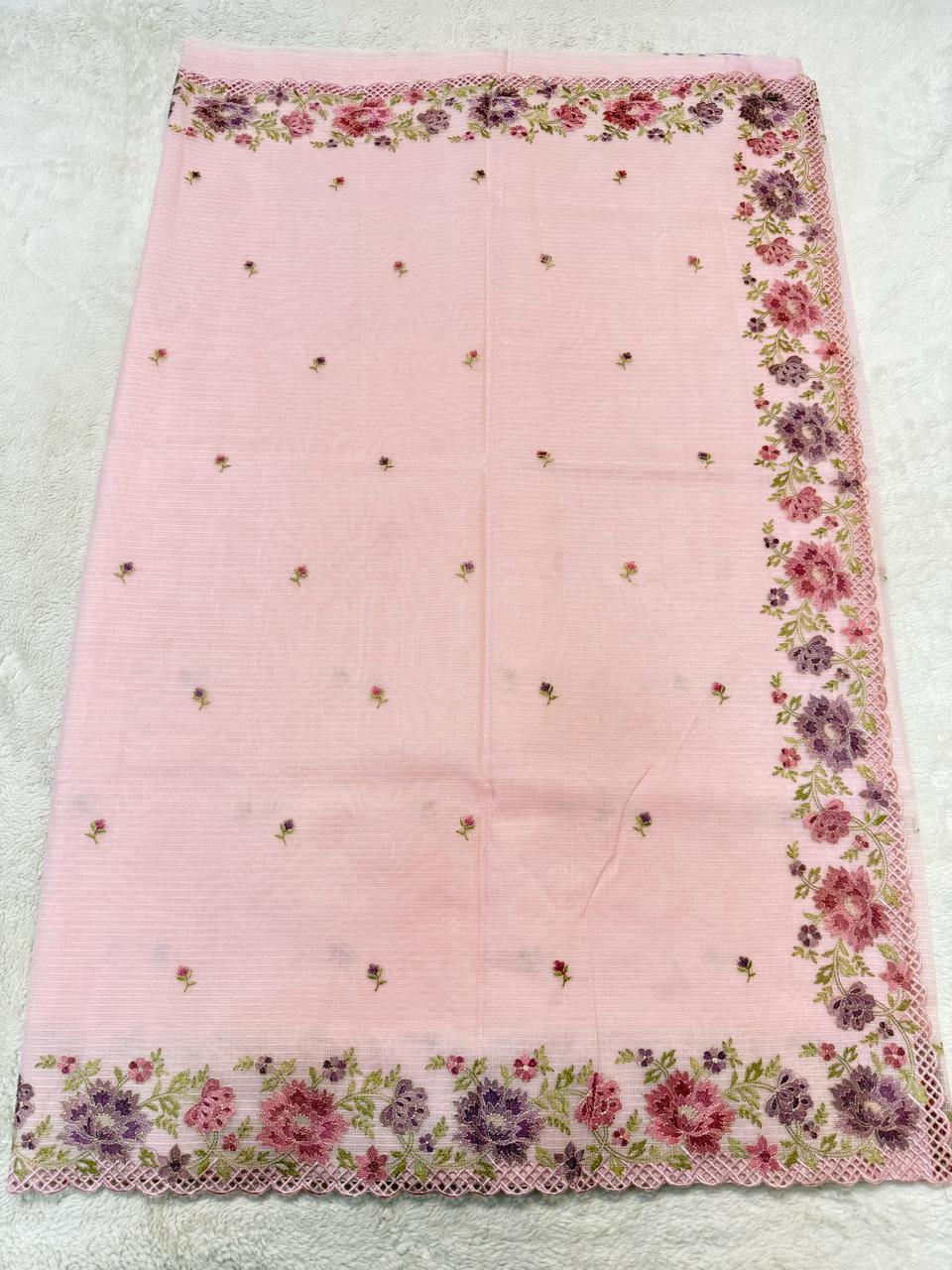 Pink Cotton Kota Designer Cutwork Embroidered Premium Banarasi Saree