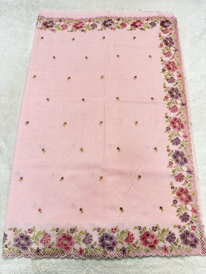 Pink Cotton Kota Designer Cutwork Embroidered Premium Banarasi Saree