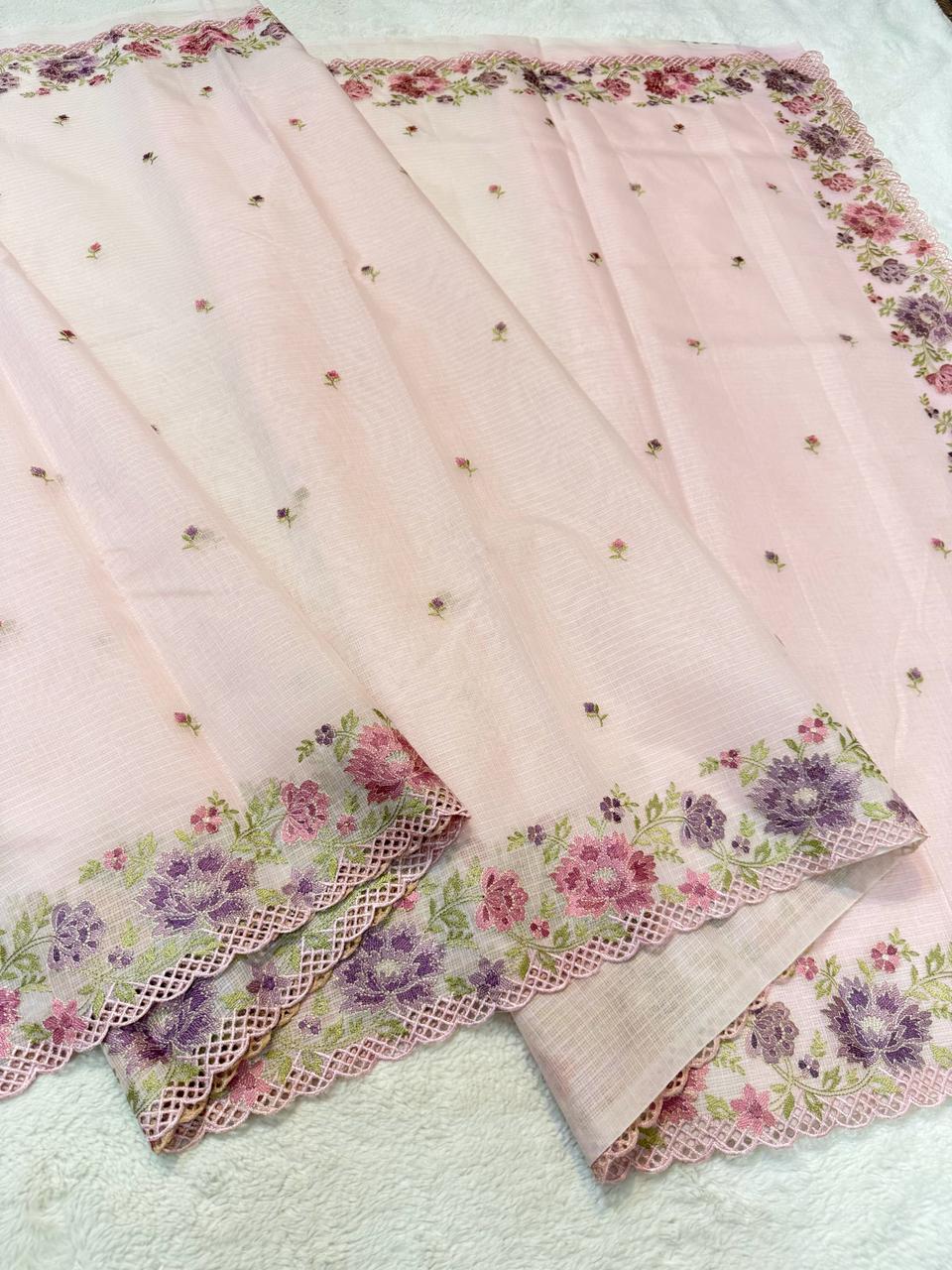 Pink Cotton Kota Designer Cutwork Embroidered Premium Banarasi Saree