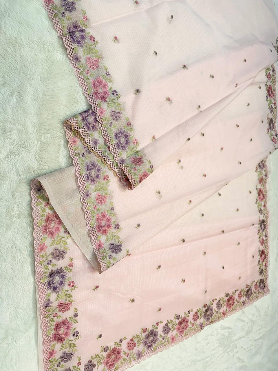 Pink Cotton Kota Designer Cutwork Embroidered Premium Banarasi Saree