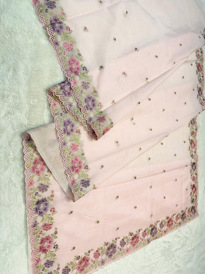 Pink Cotton Kota Designer Cutwork Embroidered Premium Banarasi Saree