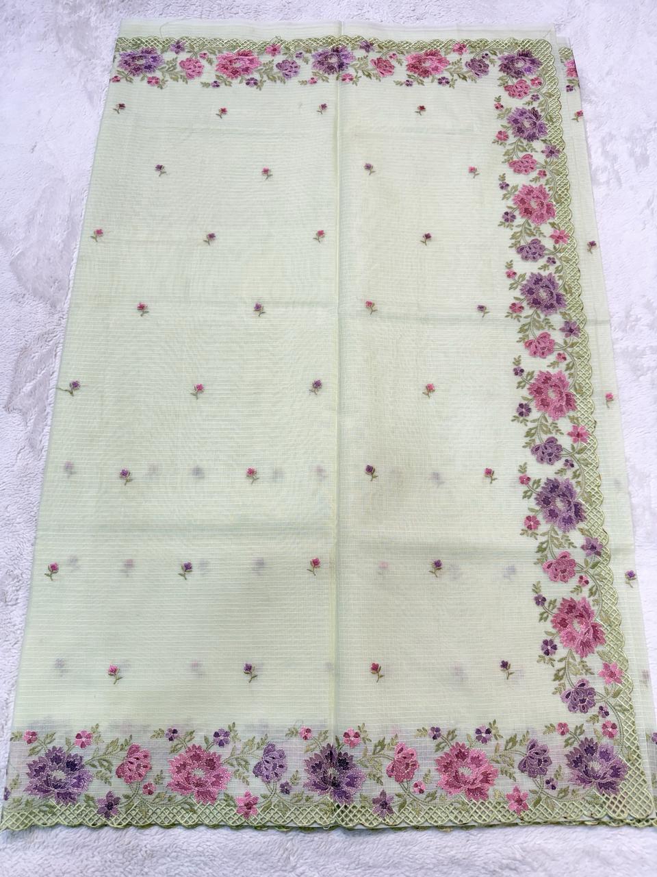 Pista Green Cotton Kota Designer Cutwork Embroidered Premium Banarasi Saree