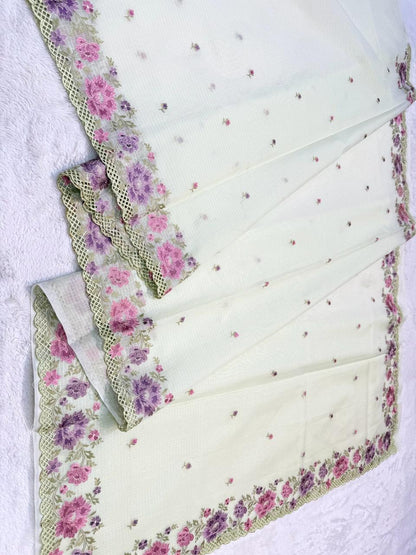 Pista Green Cotton Kota Designer Cutwork Embroidered Premium Banarasi Saree