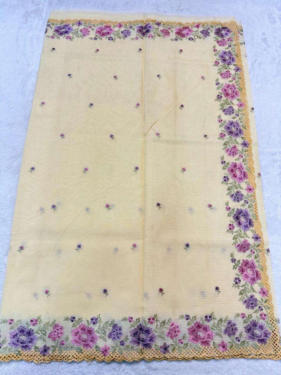 Gold Cotton Kota Designer Cutwork Embroidered Premium Banarasi Saree