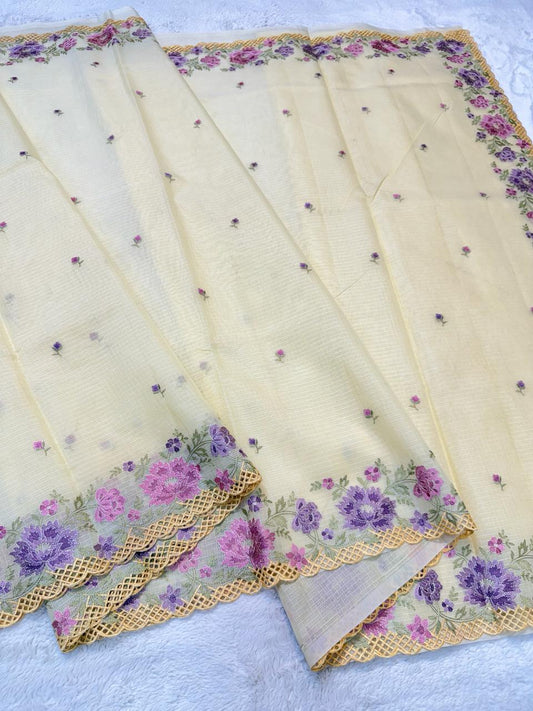 Gold Cotton Kota Designer Cutwork Embroidered Premium Banarasi Saree