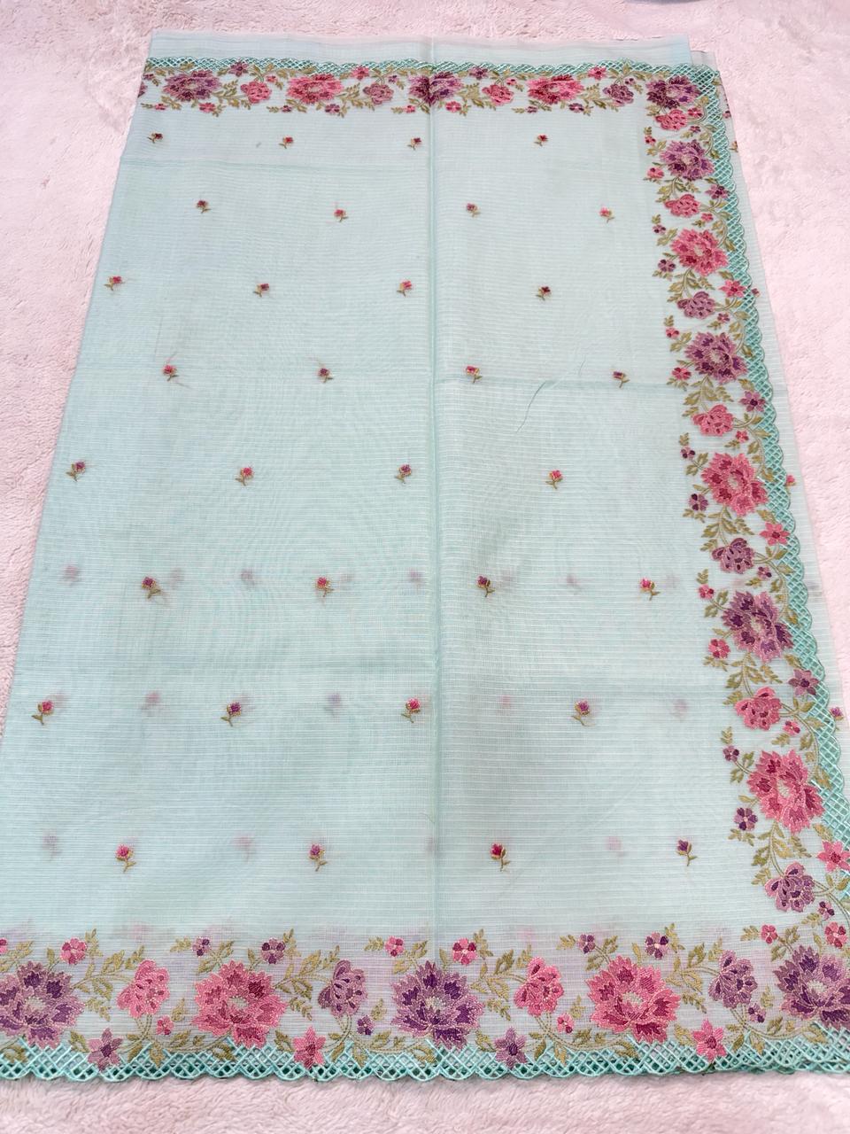 Ocean Blue Cotton Kota Designer Cutwork Embroidered Premium Banarasi Saree