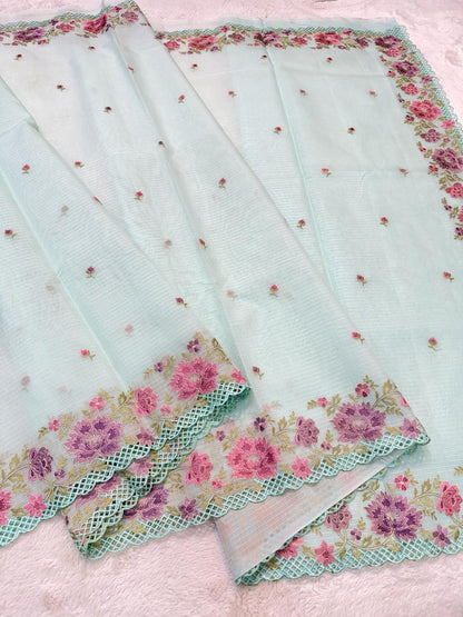 Ocean Blue Cotton Kota Designer Cutwork Embroidered Premium Banarasi Saree
